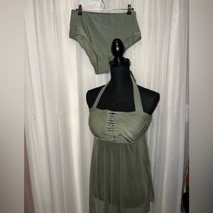 No brand 2 pc Swimsuit Halter and bikini bottom Army Green Mesh